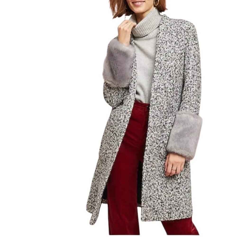 Anthropologie Speckled Gray Open-Front Coat with Faux Fur Cuffs